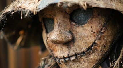 Weathered Scarecrow Face Close-Up with Abundant Space for Text and Graphics