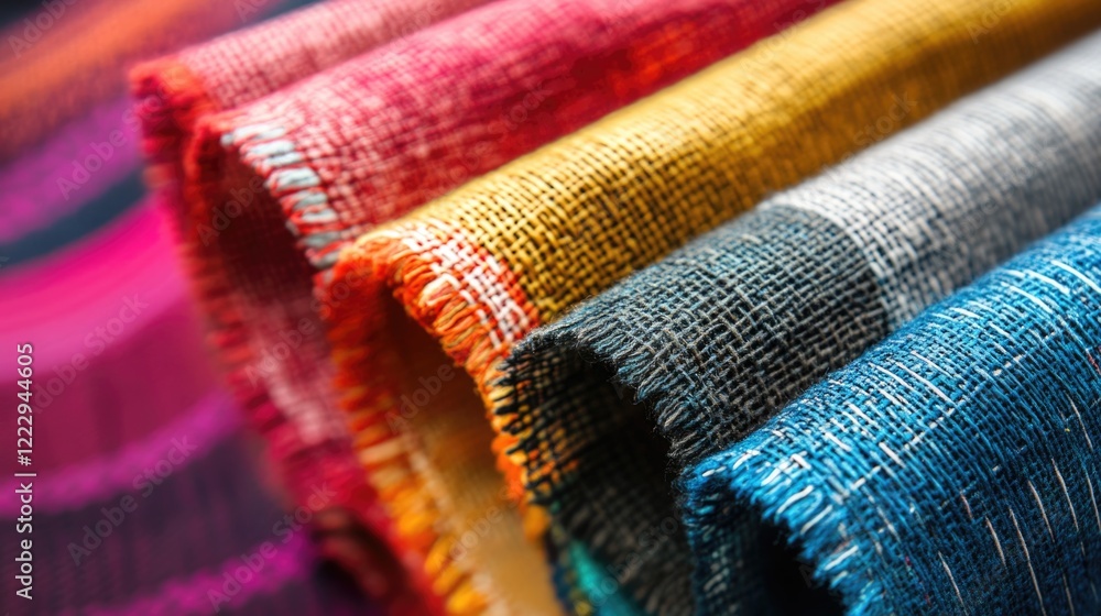 Poster vibrant textiles rolled together showcasing various colors and textures in a production setting with