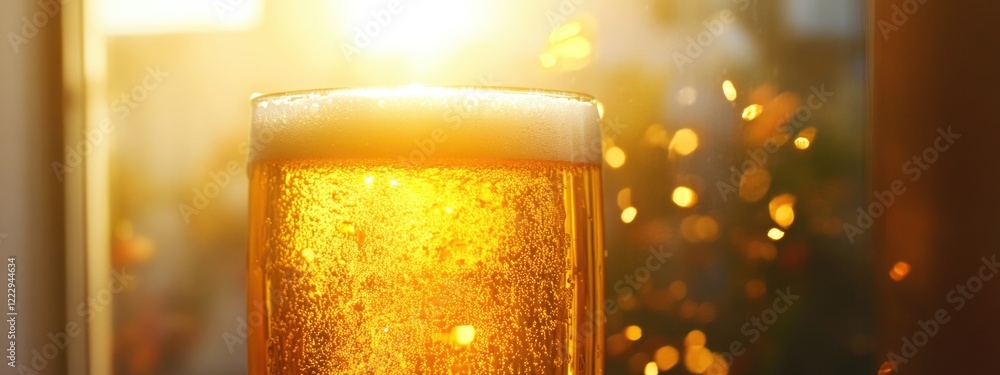 Aufkleber draft beer glowing in sunlight with bubbles creating a warm ambiance and empty space for your text o