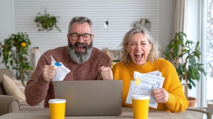 Happy mature couple celebrating bill payment at home
