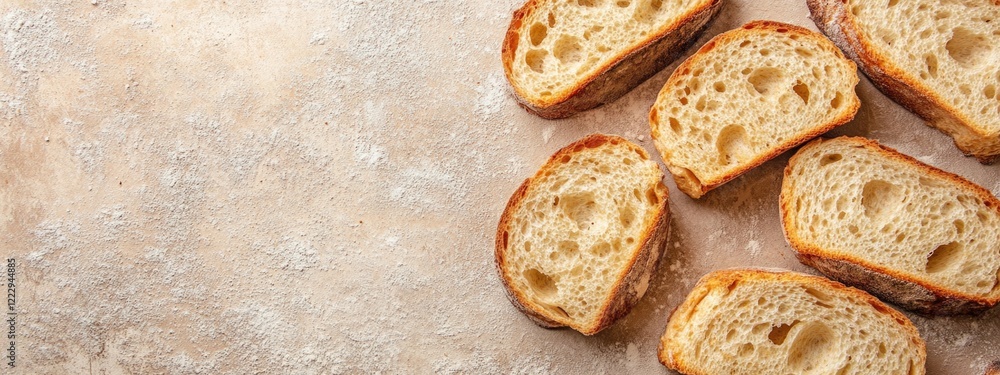 Poster toasted loaf bread slices with dough holes arranged on a surface featuring ample empty space for tex