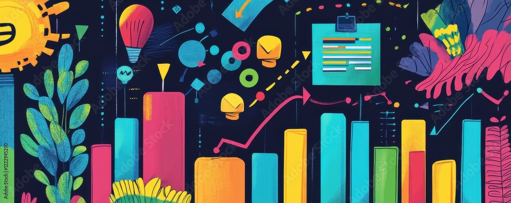 Poster a vibrant illustration featuring colorful bar graphs, abstract shapes, and icons, representing data 