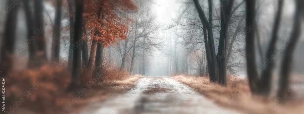 Poster peaceful winter road surrounded by fog and trees creating a serene atmosphere with space for text or