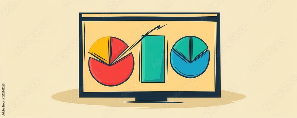 Poster a colorful digital display featuring pie charts and a bar graph, illustrating data trends and statis