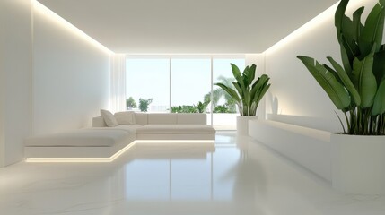 Contemporary living room with clean lines, featuring a cozy sofa and vibrant plants in a bright, minimalist white environment
