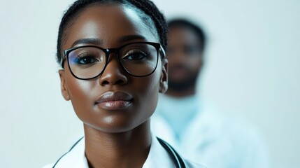 Portrait of African American medical professionals with focus on a confident female doctor and blurred colleague in the background
