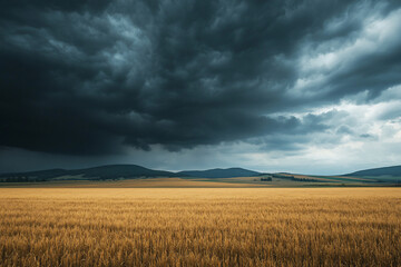 Obraz premium Dramatic storm clouds loom over a golden wheat field, creating a tense atmosphere in nature