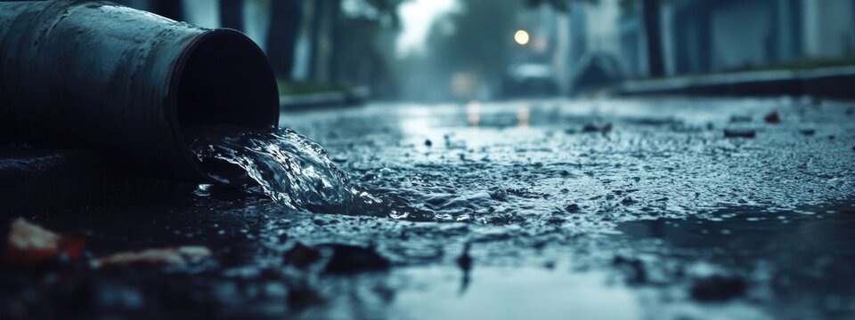 Urban drainpipe releasing murky rainwater on wet pavement with empty space for text, highlighting urban drainage challenges and environmental concerns