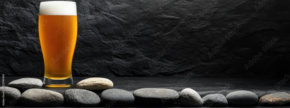 Aufkleber draft beer served on a stone cushion against a black background with ample copy space for text or br