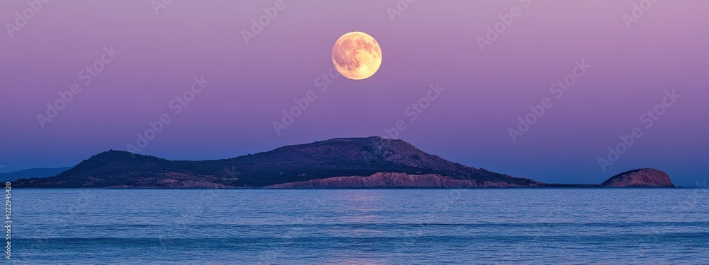 Poster dramatic full moon illuminating tranquil ocean with distant island and ample space for text in seren