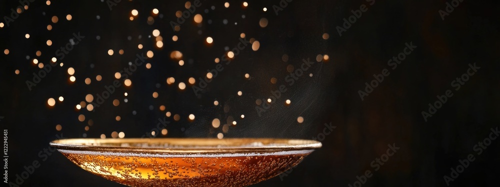 Poster elegant draft beer bubbles on a platter with copy space for text in a dark background setting