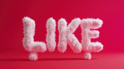 3D Text of the Word "Like" in White Fur on a Red Background. 
