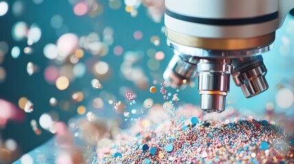 Detailed Laboratory Microscope Exploring Colorful Medical Particles with Blurred Background and Space for Text Expansion