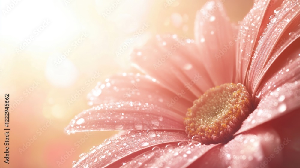 Poster close-up of a dewy spring flower illuminated by sunlight with a soft background and ample space for 