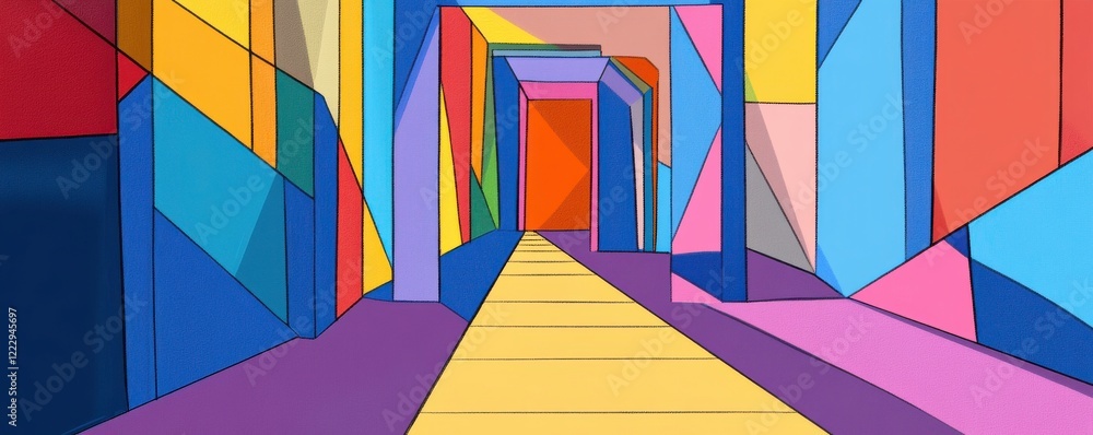 Aufkleber a vibrant, geometric corridor adorned with bold colors and angular shapes, creating an engaging and 
