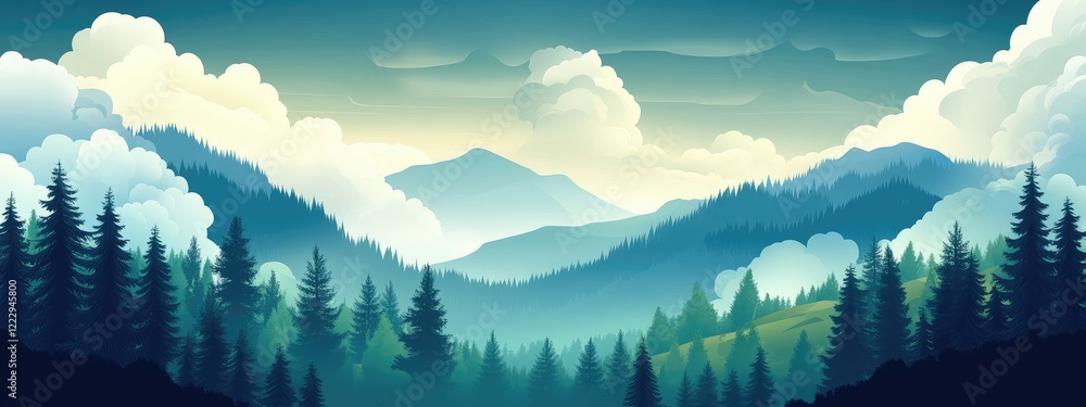 Poster dramatic storm clouds above serene forest landscape with mountains creating a captivating backdrop a