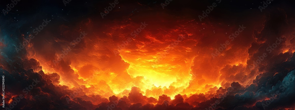 Poster dramatic sky with vibrant orange and dark clouds creating a powerful atmosphere suitable for text ov