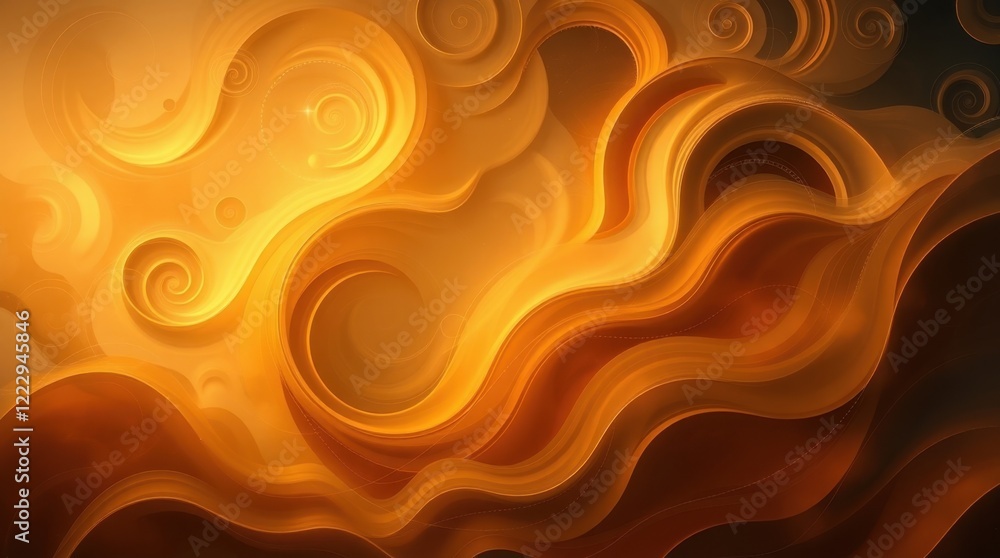 Poster fluid forms of golden hues swirl together in an abstract dance of light and shadow transforming the 