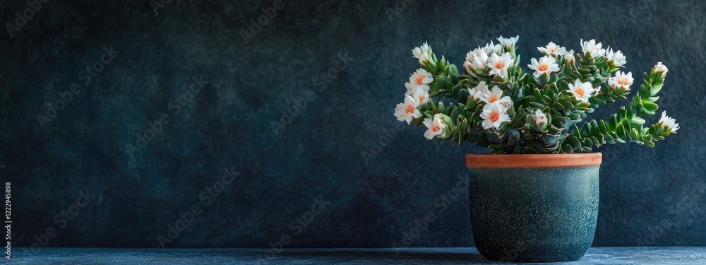 Poster double huernia phyllostachys in bloom with white flowers in pot on dark background with empty space 