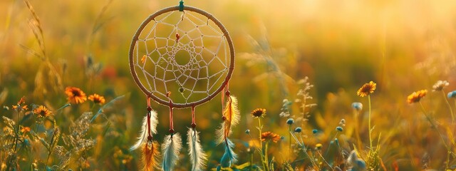 Dreamcatcher hanging in a sunlit meadow adorned with wildflowers and blank space for inspirational text or quotes