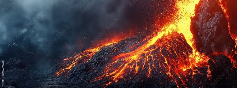 Poster dramatic volcanic eruption with flowing lava and ash clouds creating a striking natural landscape an