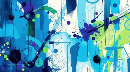 Abstract Blue and Green Background with Dynamic Shapes and Lines