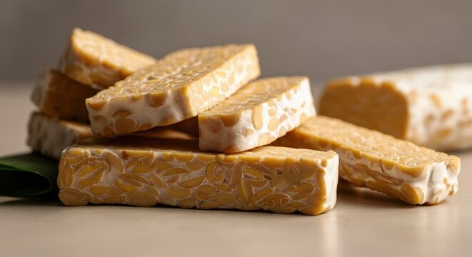 Fresh tempeh blocks stacked on a neutral background, showcasing plant-based protein