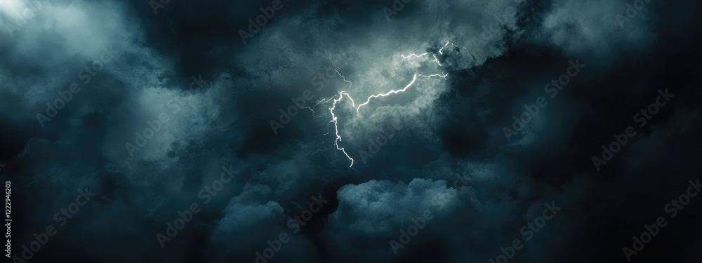 Poster dramatic lightning bolt illuminating dark clouds with space for text in a moody atmospheric scene