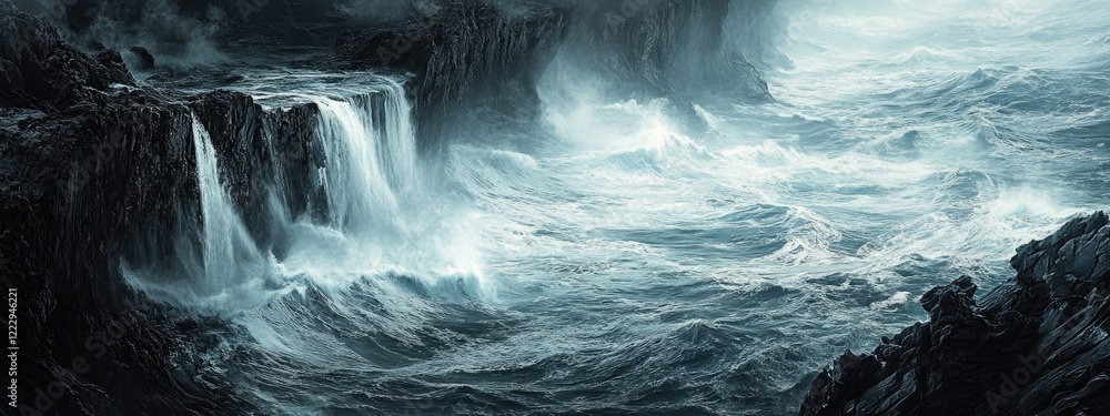 Poster dramatic coastal cliffs with powerful ocean waves and expansive space for text or overlay in a storm
