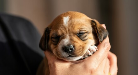 Adorable puppy being held gently in a person's hands