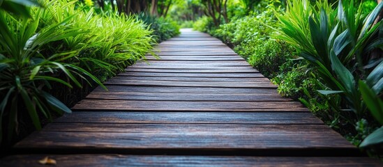Serene wooden pathway surrounded by lush greenery ideal for outdoor photography with ample space for text and creative designs