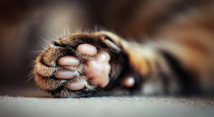 Close-up of a cat's paw with soft pads and sharp claws