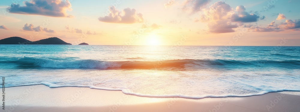 Aufkleber sunrise over tranquil beach with dramatic sky and gentle waves providing empty space for text or des