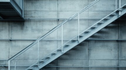 Obraz premium A detailed view of industrial steps ascending against a textured concrete wall, capturing a contemporary aesthetic that evokes feelings of strength, resilience, and functionality.