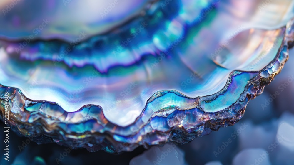 Aufkleber close-up of a pearlescent abalone shell highlighting vibrant blue and lavender hues with ample blank
