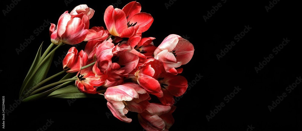 Aufkleber vibrant red and soft pink tulip bouquet in zen arrangement with natural beauty and ample empty copys
