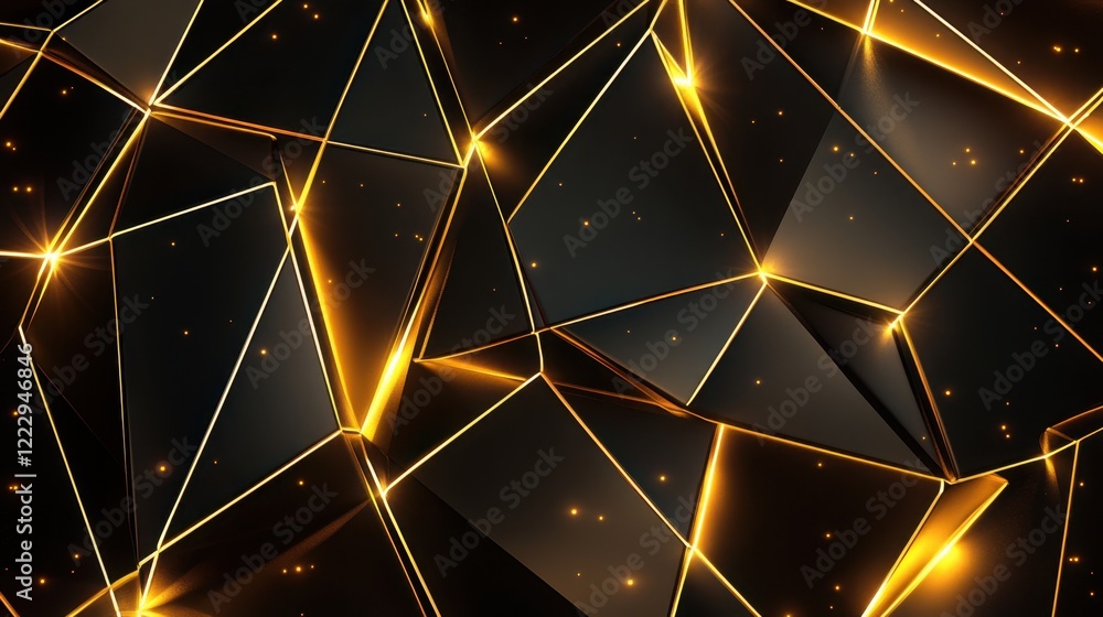 Poster futuristic geometric patterns with metallic textures, showcasing a blend of sharp lines and glowing 
