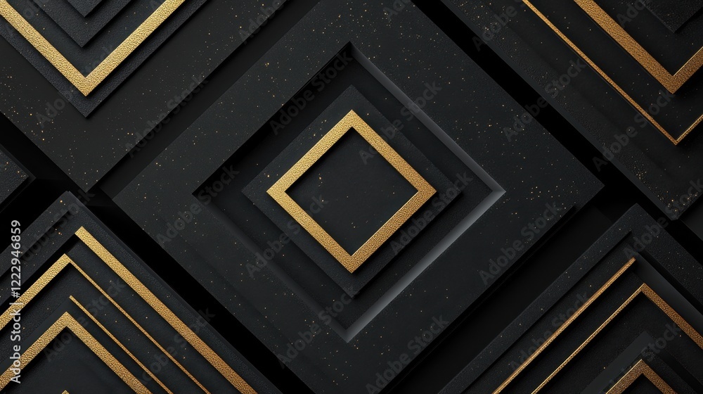 Poster futuristic geometric patterns with metallic textures, showcasing a blend of sharp lines and glowing 