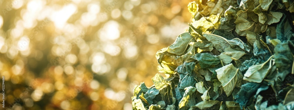 Leinwandbilder Dried green chard leaves illuminated by autumn sunlight with a blurred background creating an empty space for text and design elements.