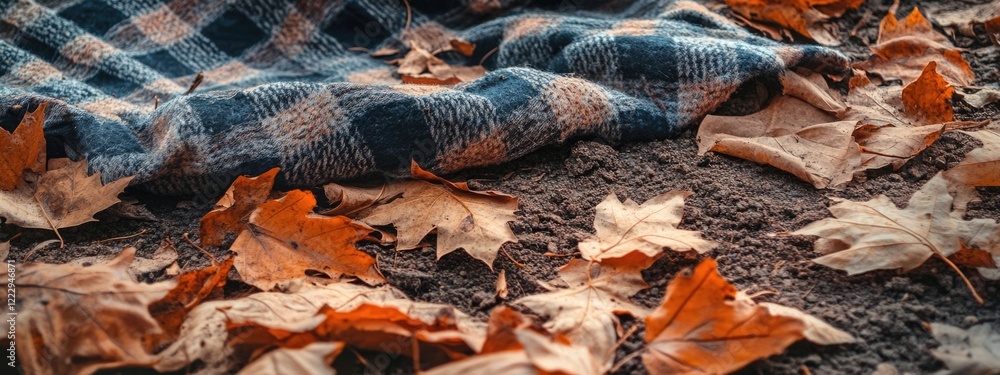 Aufkleber cozy park scene with dried leaves and a checkered blanket on earthy ground featuring ample empty spa