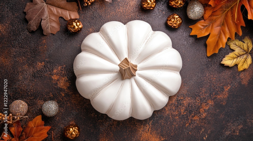 Poster white decorative pumpkin surrounded by autumn leaves and ornaments on a rustic surface with ample co
