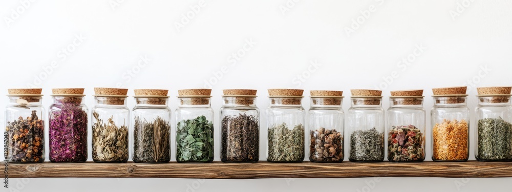 Poster Dried medicinal herbs in glass jars arranged on a shelf with a white background and ample space for text or graphics.