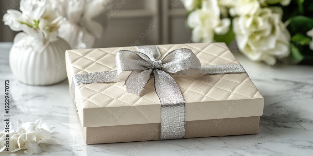 Poster elegant gift box with silver bow on marble surface surrounded by flowers and empty tag for personali