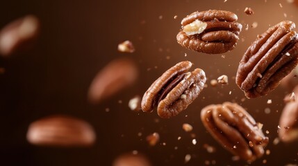 This dynamic image showcases pecan nuts frozen in motion, inviting the viewer to appreciate their luxurious texture and the artistry involved in food photography.