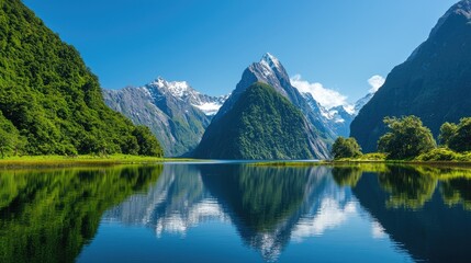 Majestic mountains reflected in calm lake, serene landscape, ideal for travel brochures