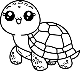 A cute cartoon turtle with a happy expression and a detailed shell. Simple black and white line art, perfect for coloring pages or a minimalist design