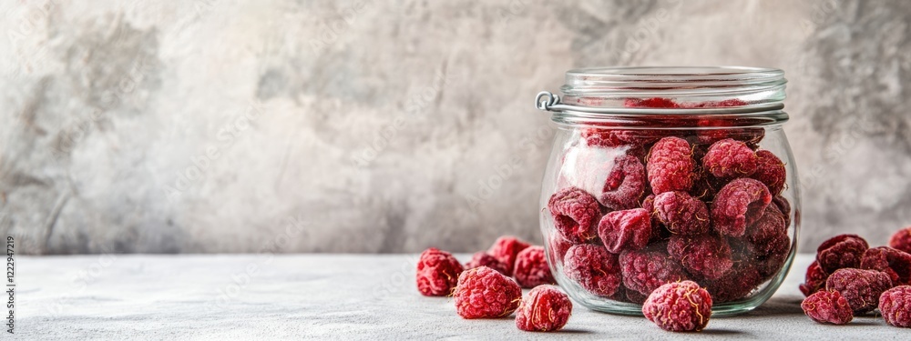 Poster dried raspberries in a glass jar on a neutral background with ample copy space for text and product 