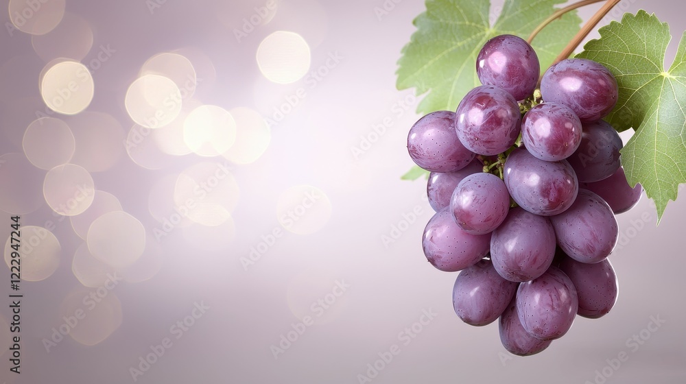 Poster purple grapes on vine with soft bokeh background for food and beverage themes