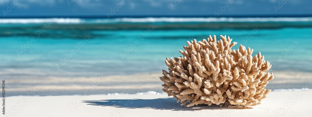 Poster dried coral on pristine beach with turquoise waters providing ample space for text or graphic overla