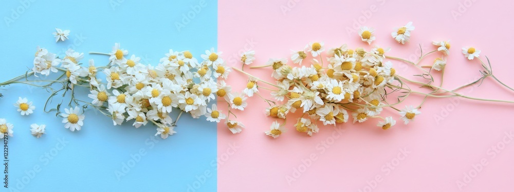 Aufkleber Dried chamomile flowers on pastel pink and blue background creating space for text or design elements in a serene composition